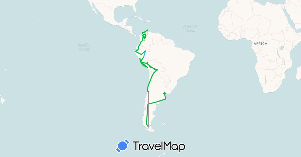 TravelMap itinerary: driving, bus, plane, boat in Argentina, Bolivia, Chile, Colombia, Ecuador, Peru (South America)